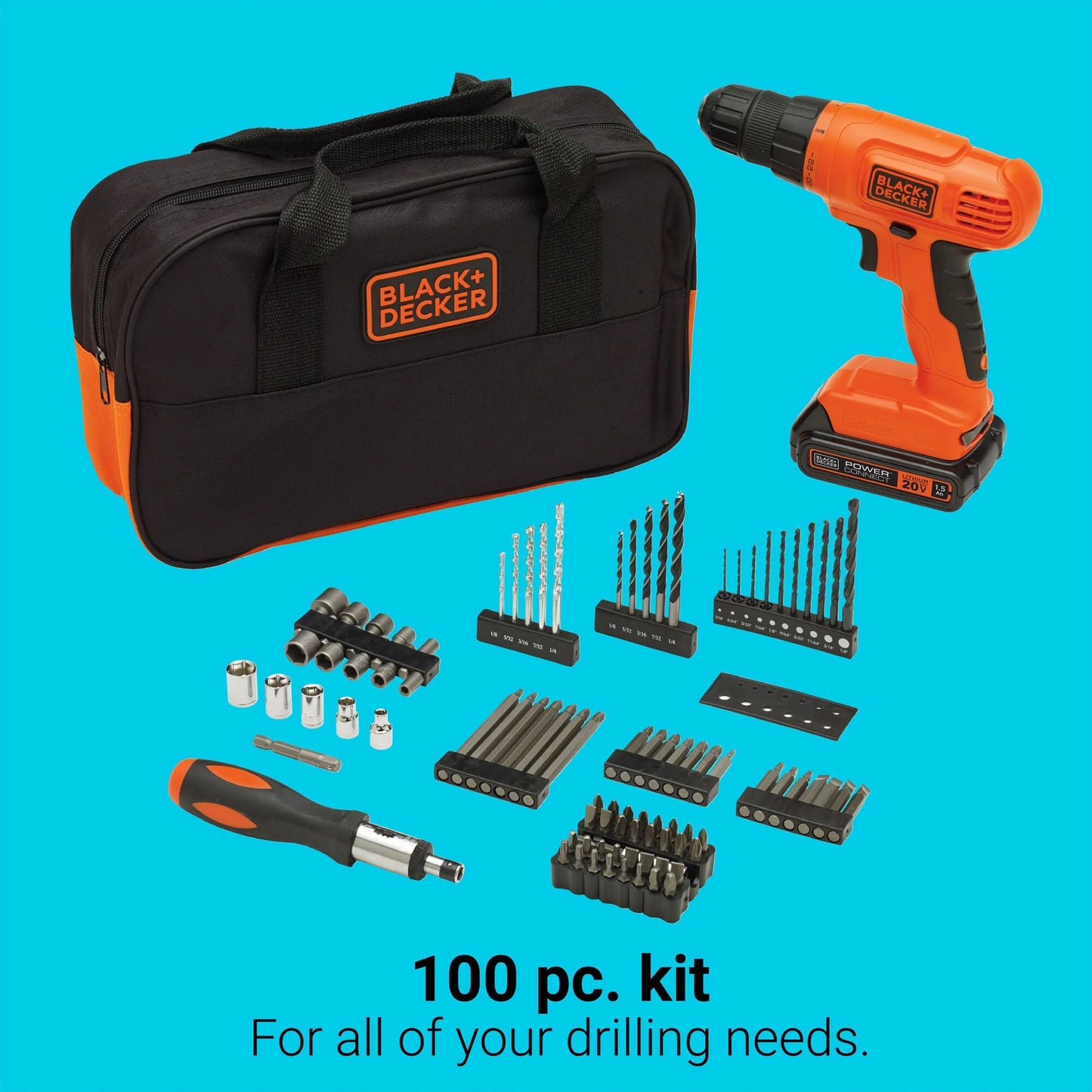 BLACK+DECKER 20V Cordless Drill, 1.5 Amps, 100 Piece Set, Battery and Charger Included