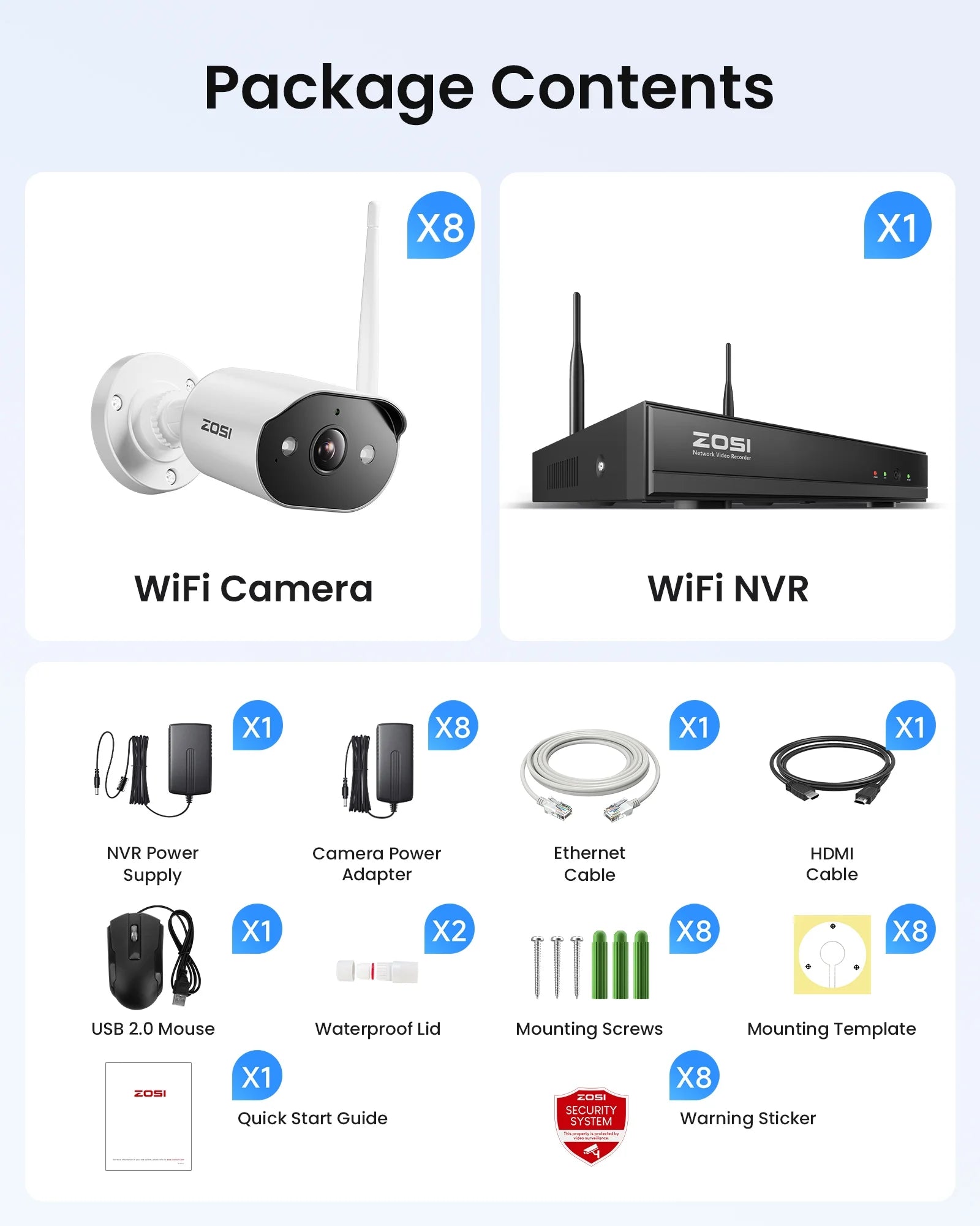 3MP Security Camera System with Audio, ZOSI 8CH Wi-Fi Security Camera System, 2K Outdoor with Color Night Vision,2TB HDD for 24/7 Recording, Smart Home Security