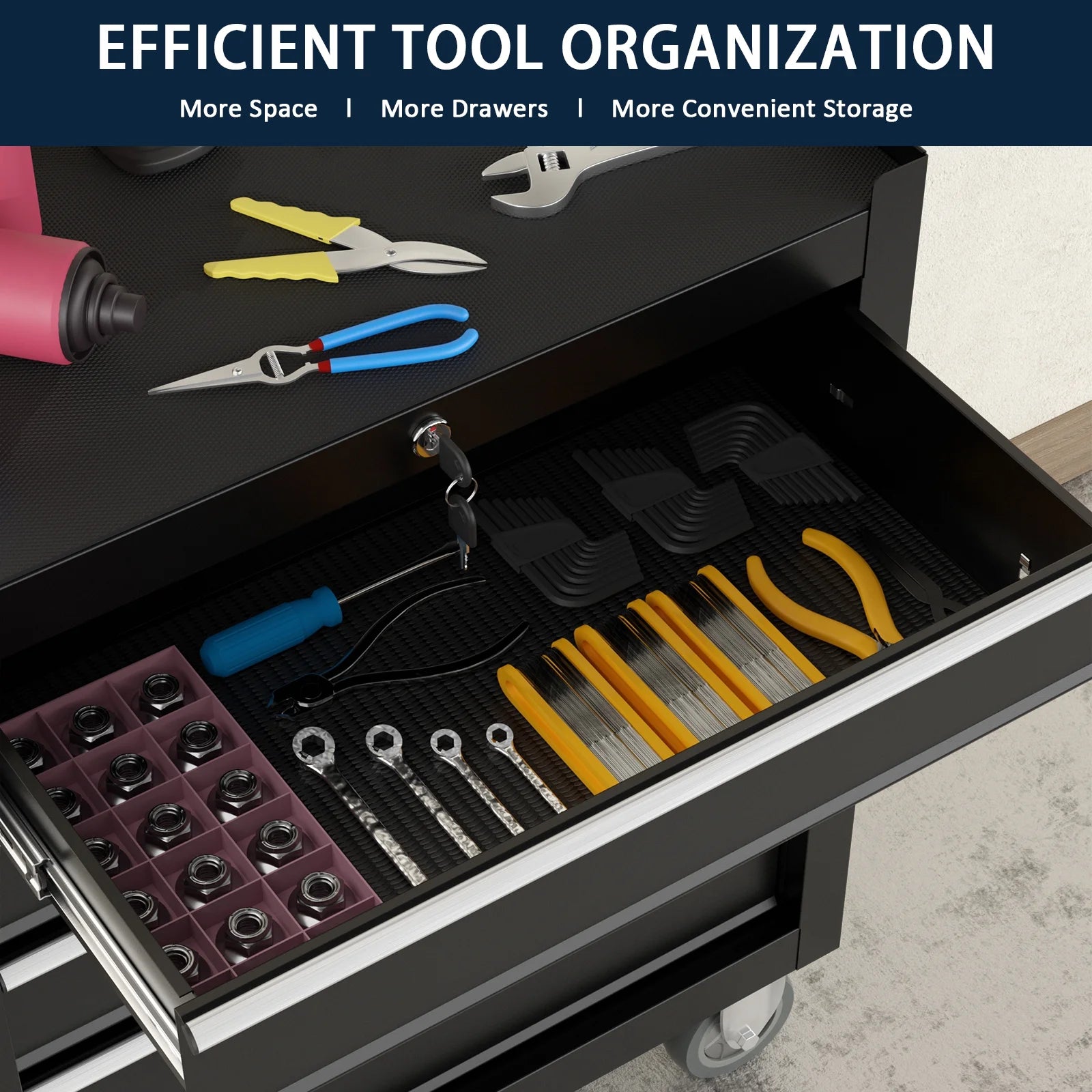 5 Drawer Rolling Tool Chest, Metal Tool Cart on Wheels,Tool Cabinet Key Locking & Drawer Storage,Tool Box Organizer for Garage,Warehouse(Black)