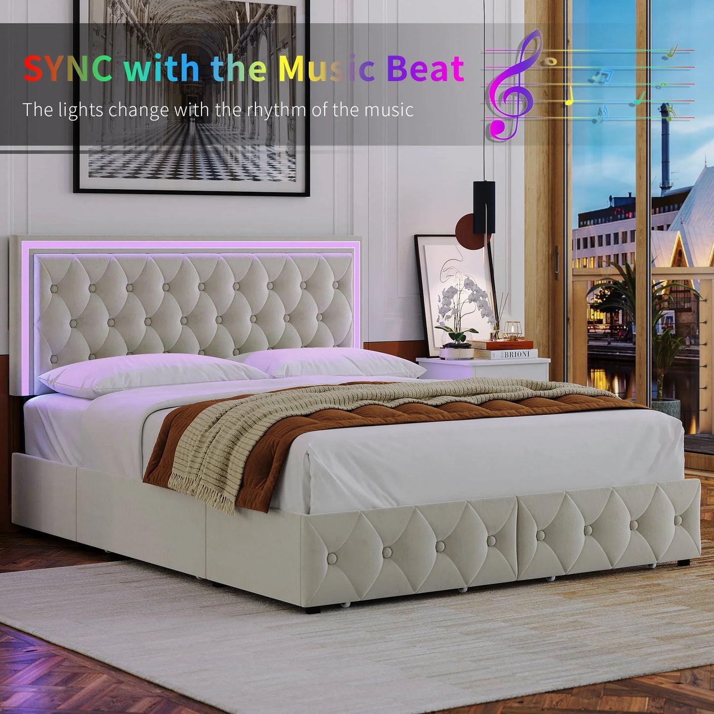Homfa Queen LED Bed, 9 Colors LED Lights Platform Bed Frame with 4 Storage Drawers, Adjustable Upholstered Headboard with Button Tufted, Velvet Beige