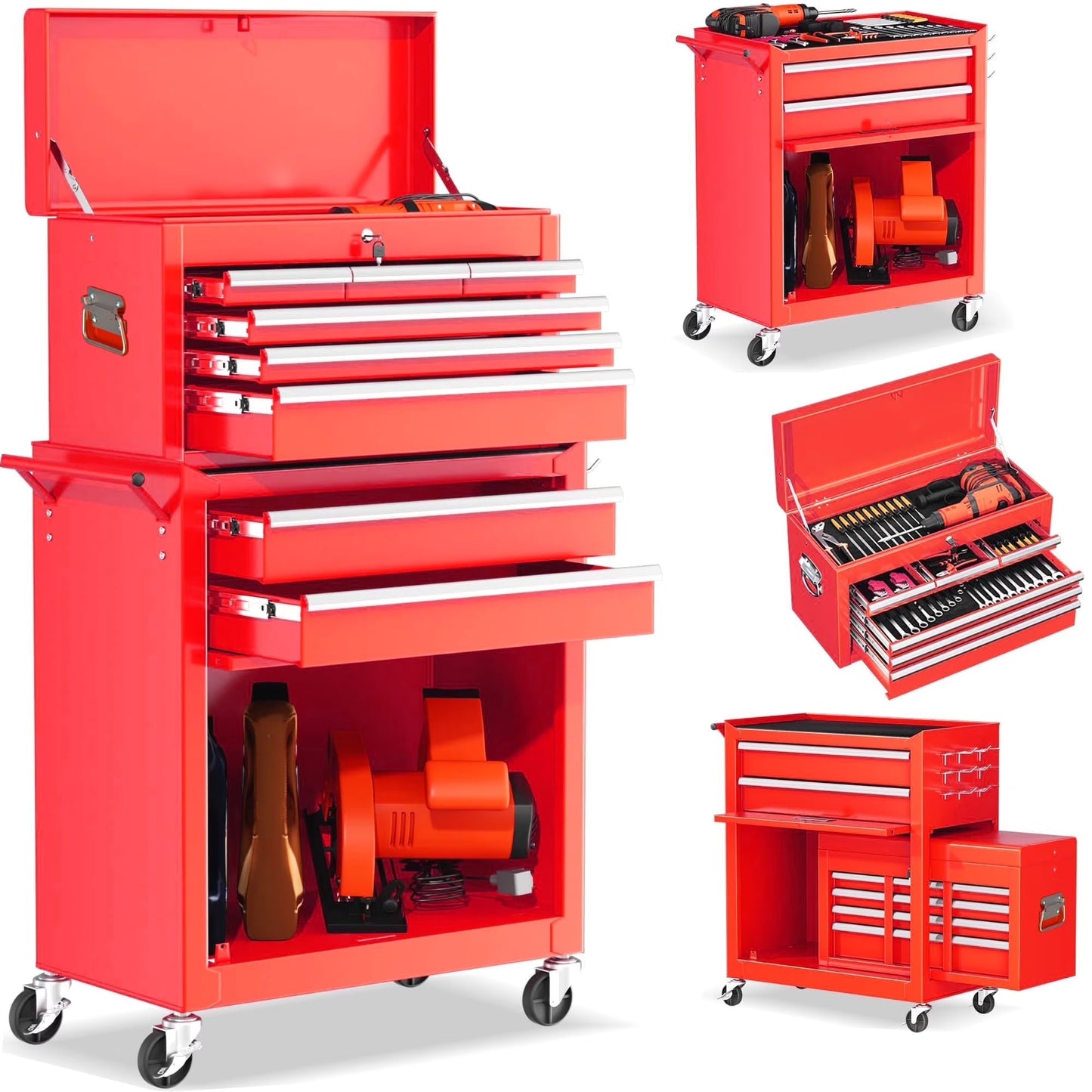 POVANLI High Capacity Rolling Tool Box with Wheels and 8 Drawers, Wheels Lockable, 2-IN-1 Tool Chest & Cabinet, Organizer, for Garages, Warehouses, Workshops, Repair Shops, Orange