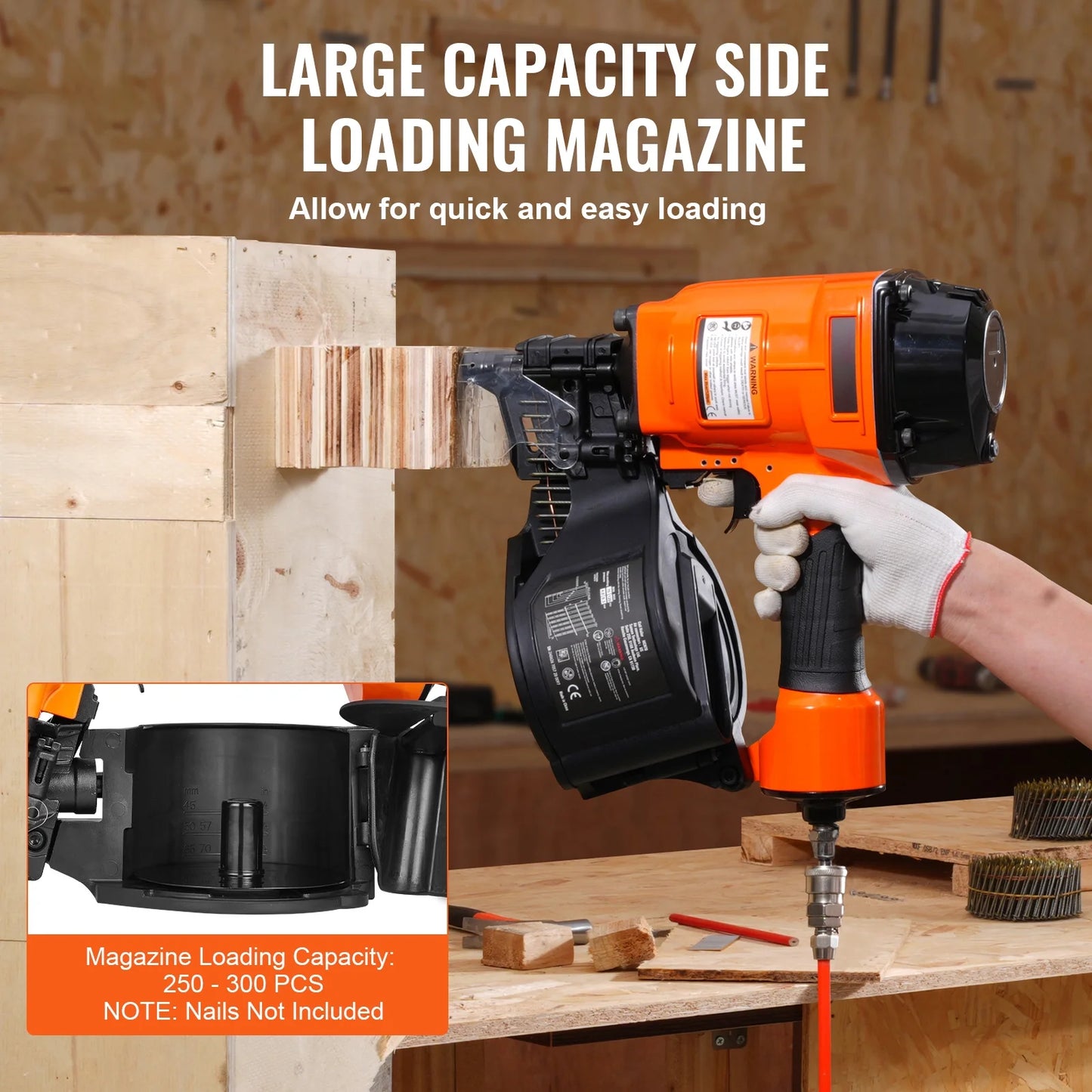 KFFKFF Pneumatic Coil Siding Nailer MCN70, Compatible with 1-3/4" to 2-3/4" Nails, 15 Degree Angle, 70-120PSI, Ideal for Pallets, Crates, Frames, Siding & Fences