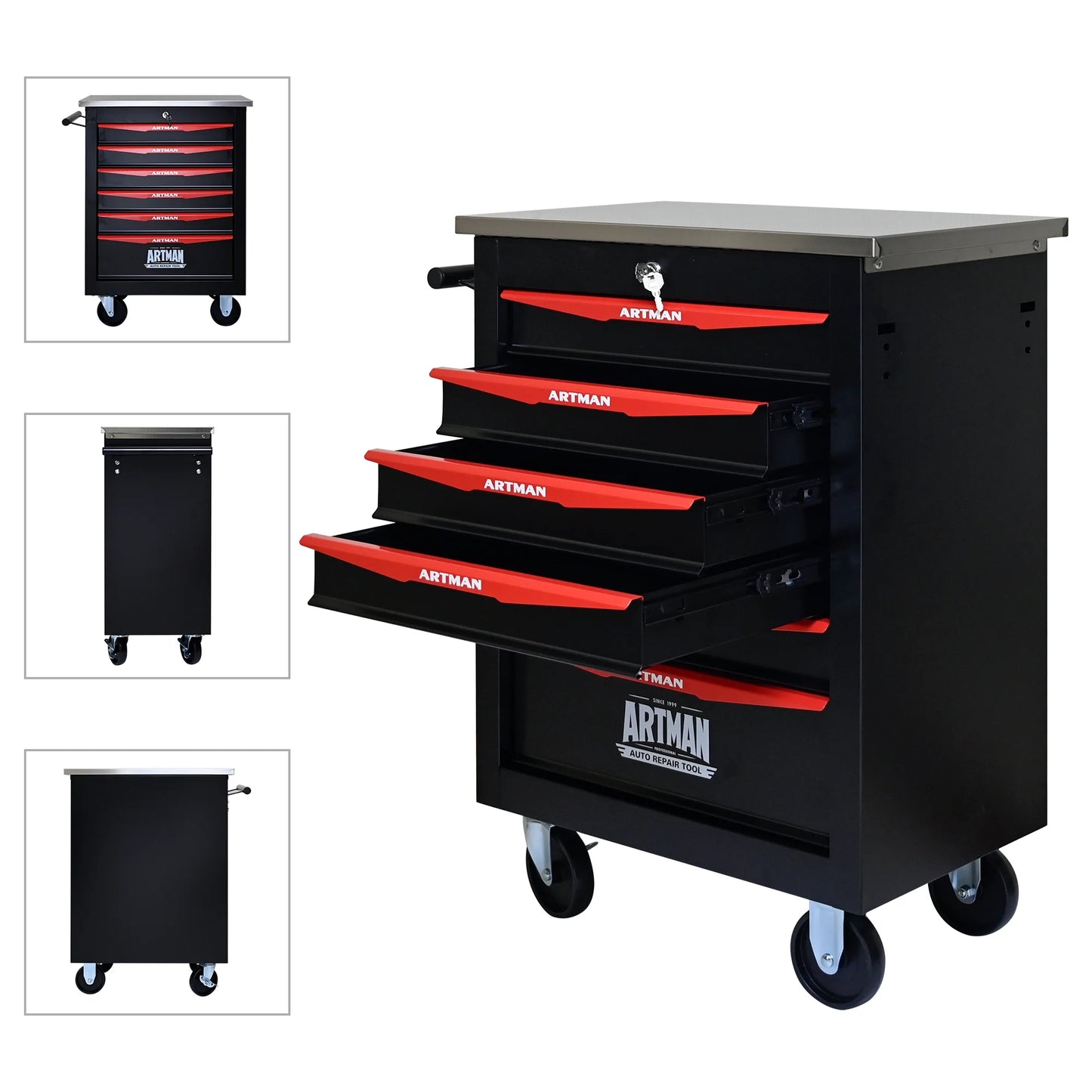 ARTMAN 6 Drawers Metal Rolling Storage Tool Chest Cabinet Cart with Wheels,with Key Locking and Parking Brake, Tool Box for Garage Workshop Warehouse