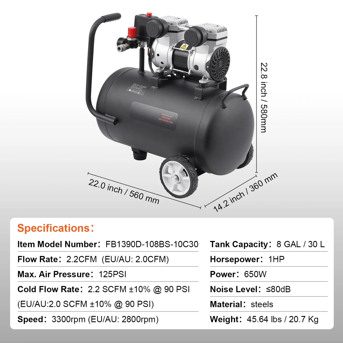 KFFKFF Air Compressor, 8 Gallon Tank, 1HP 2.2 CFM@90 PSI, Oil-Free, Max 120PSI, 80dB Quiet, Portable for Car Maintenance, Tire Filling, Painting
