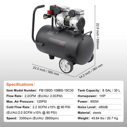 KFFKFF Air Compressor, 8 Gallon Tank, 1HP 2.2 CFM@90 PSI, Oil-Free, Max 120PSI, 80dB Quiet, Portable for Car Maintenance, Tire Filling, Painting
