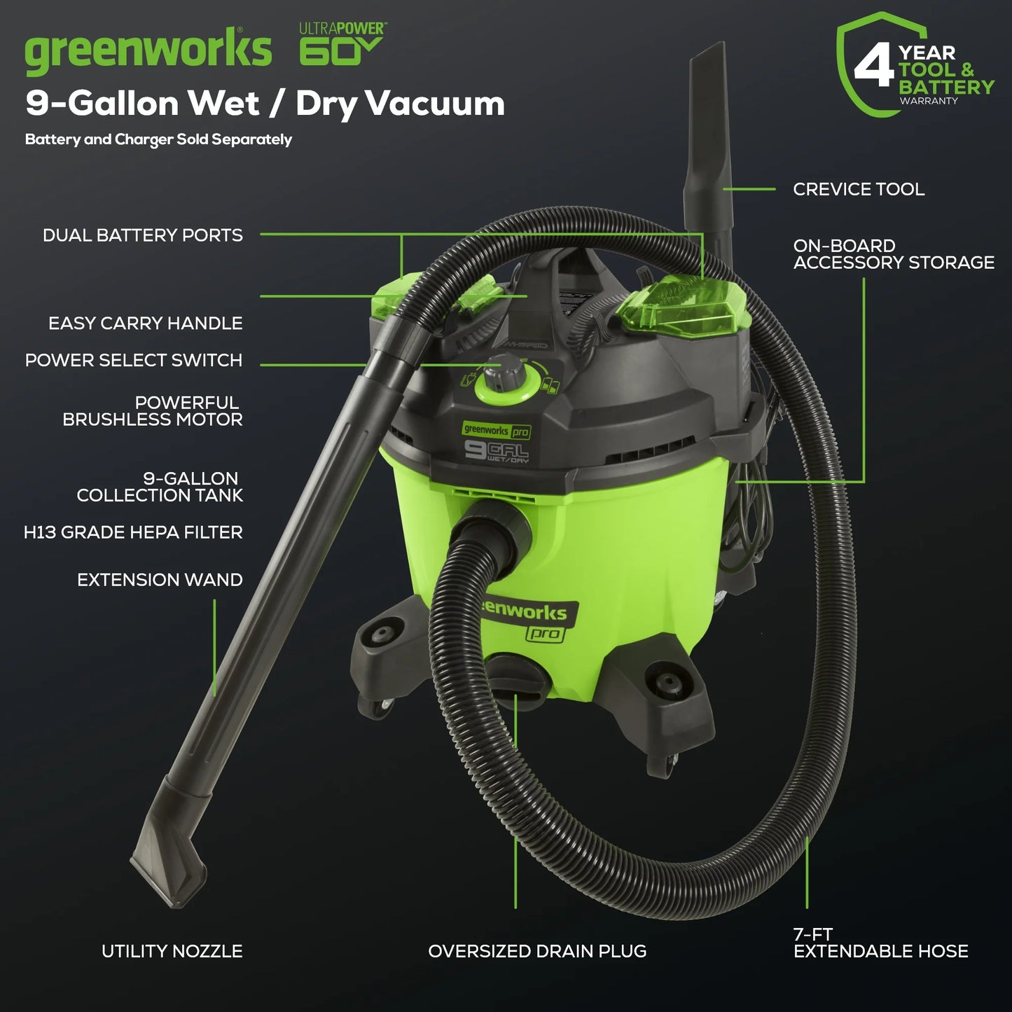 Greenworks 60V 9-Gallon AC/DC Wet/Dry Vacuum (Tool Only)