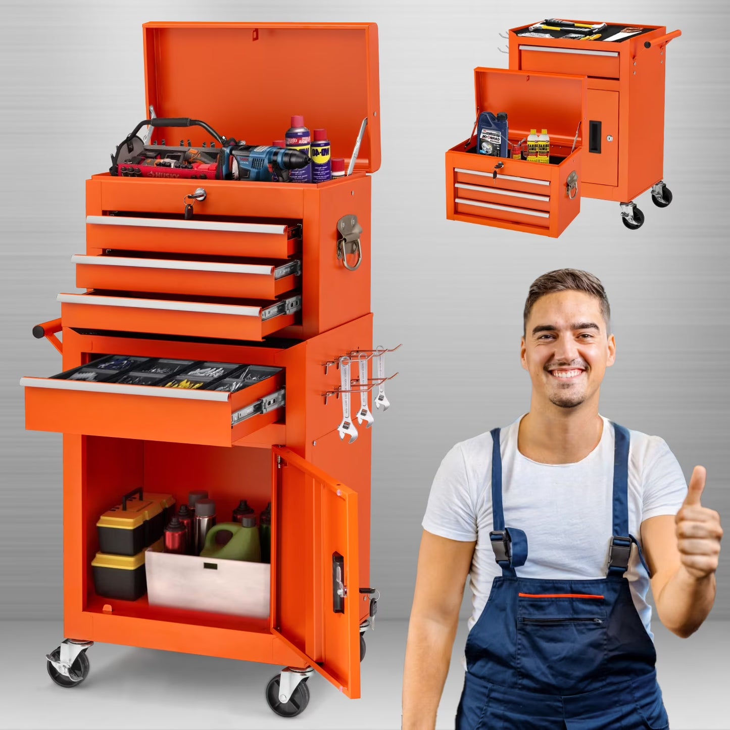 AECOJOY 8-Drawer Rolling Tool Chest, Large Tool Cabinet with Universal Lockable Wheels, Detachable Toolbox Storage for Garage, Repair Shop, Workshop, Black