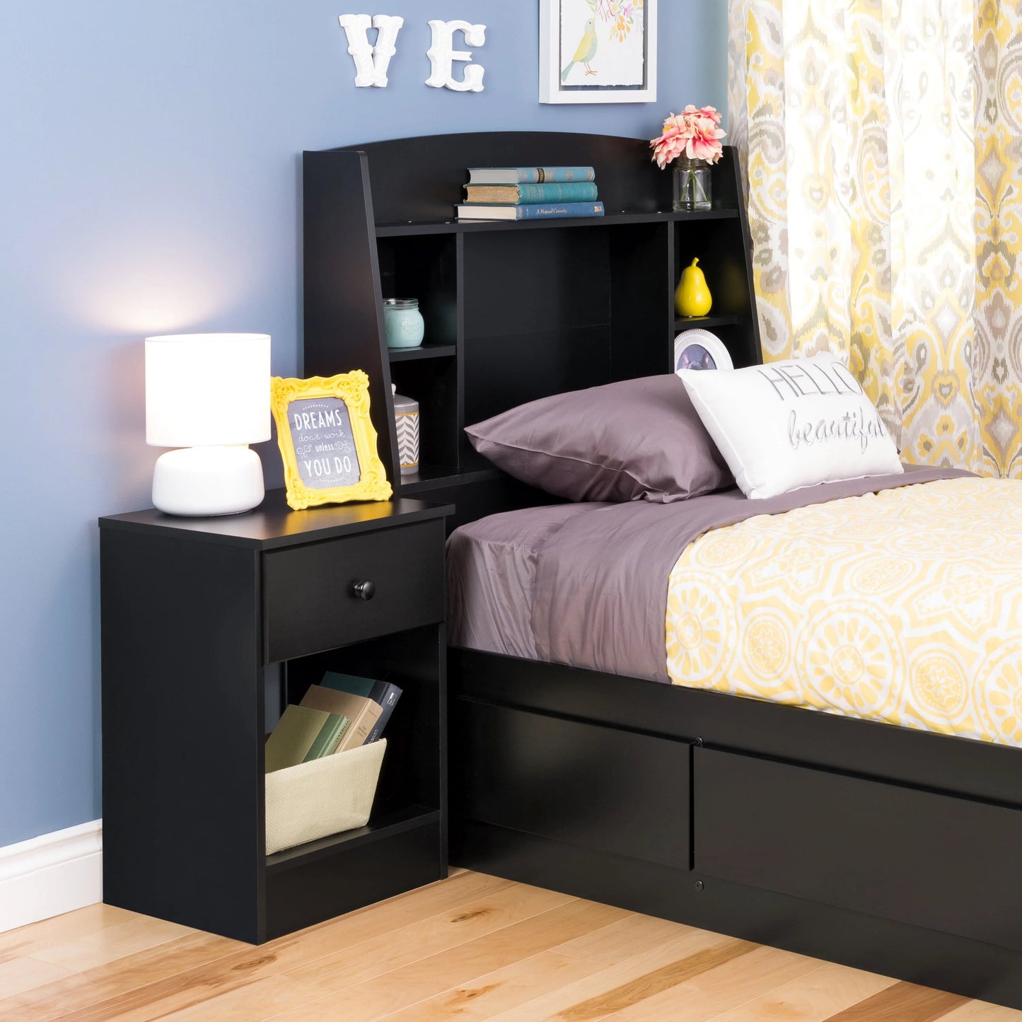Prepac Astrid Twin Storage Headboard with Side Compartments, Black