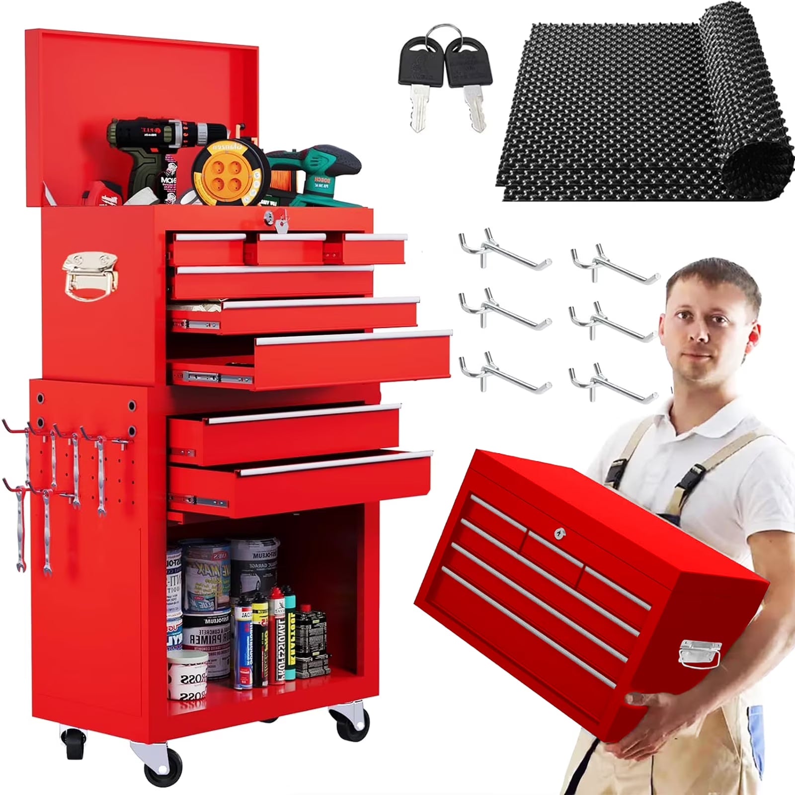 8-Drawer Rolling Tool Chest, 2-in-1 Tool Box with Wheels Metal Tool Chest Cabinet for Garage, Workshop, Red