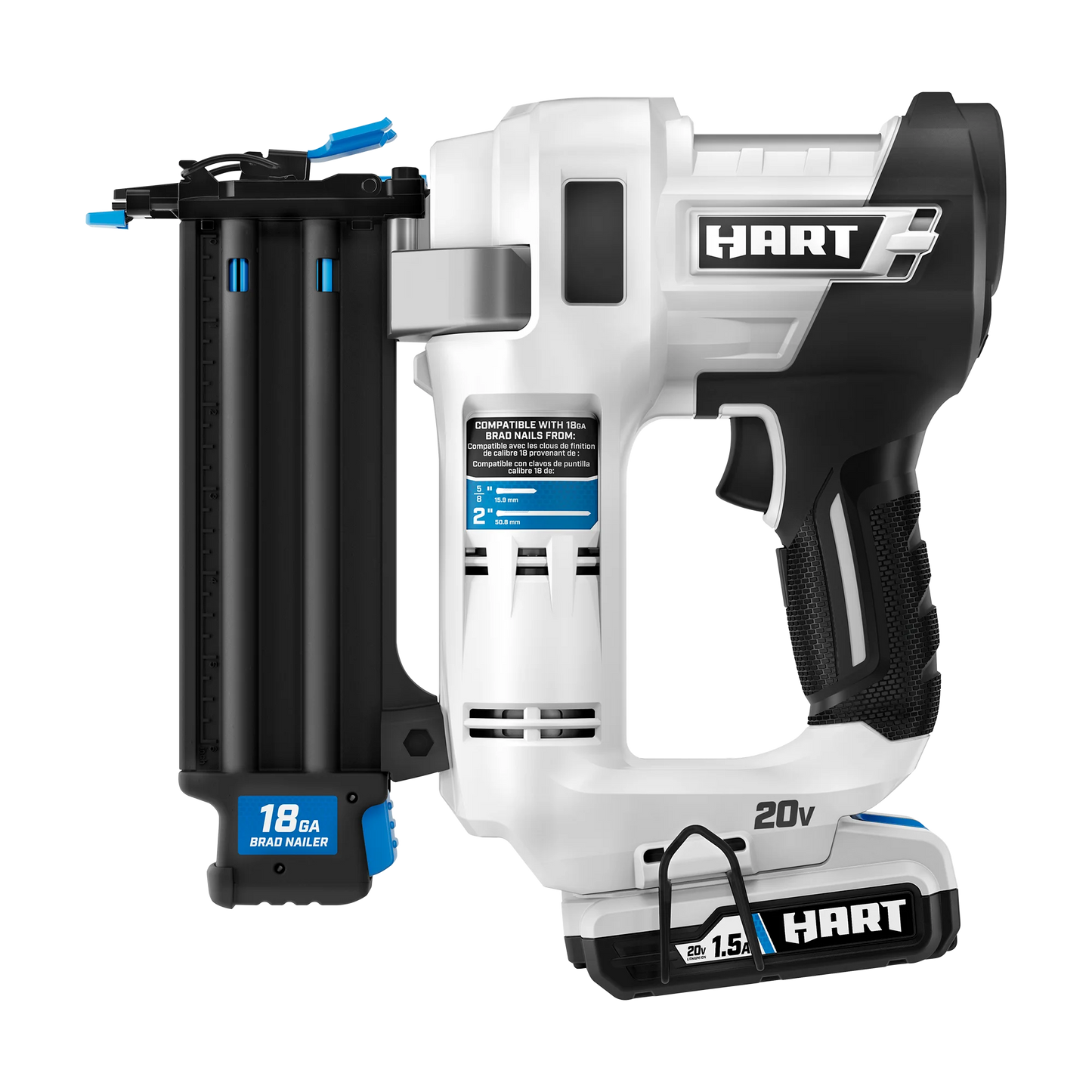 HART 20-Volt 2-inch 18-Gauge Battery-Powered Brad Nailer Kit, (1) 1.5Ah Lithium-Ion Battery