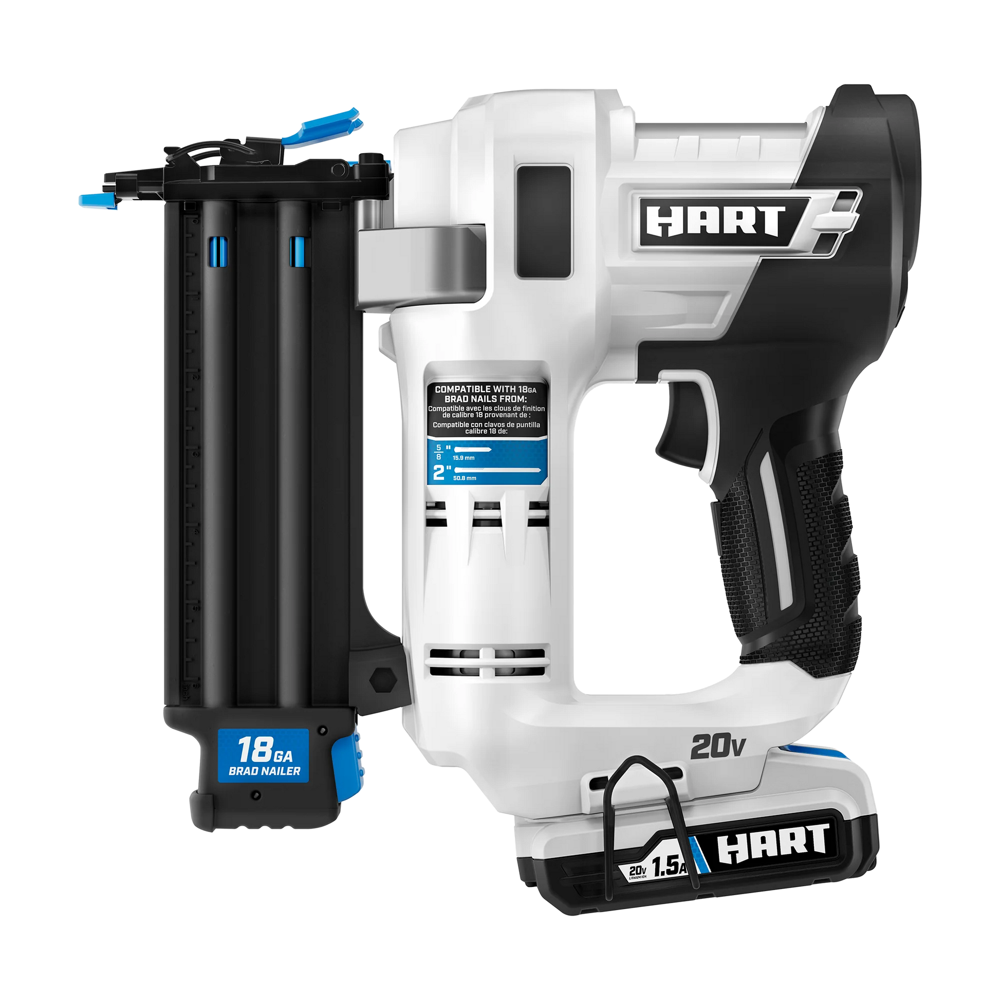 HART 20-Volt 2-inch 18-Gauge Battery-Powered Brad Nailer Kit, (1) 1.5Ah Lithium-Ion Battery