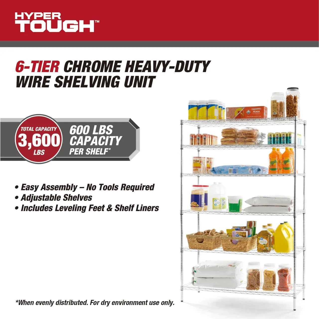 Hyper Tough 6-Tier Wire Storage Shelves with Liners, 48" W x 18" D x 72" H, 3600 lb Load Capacity, Chrome