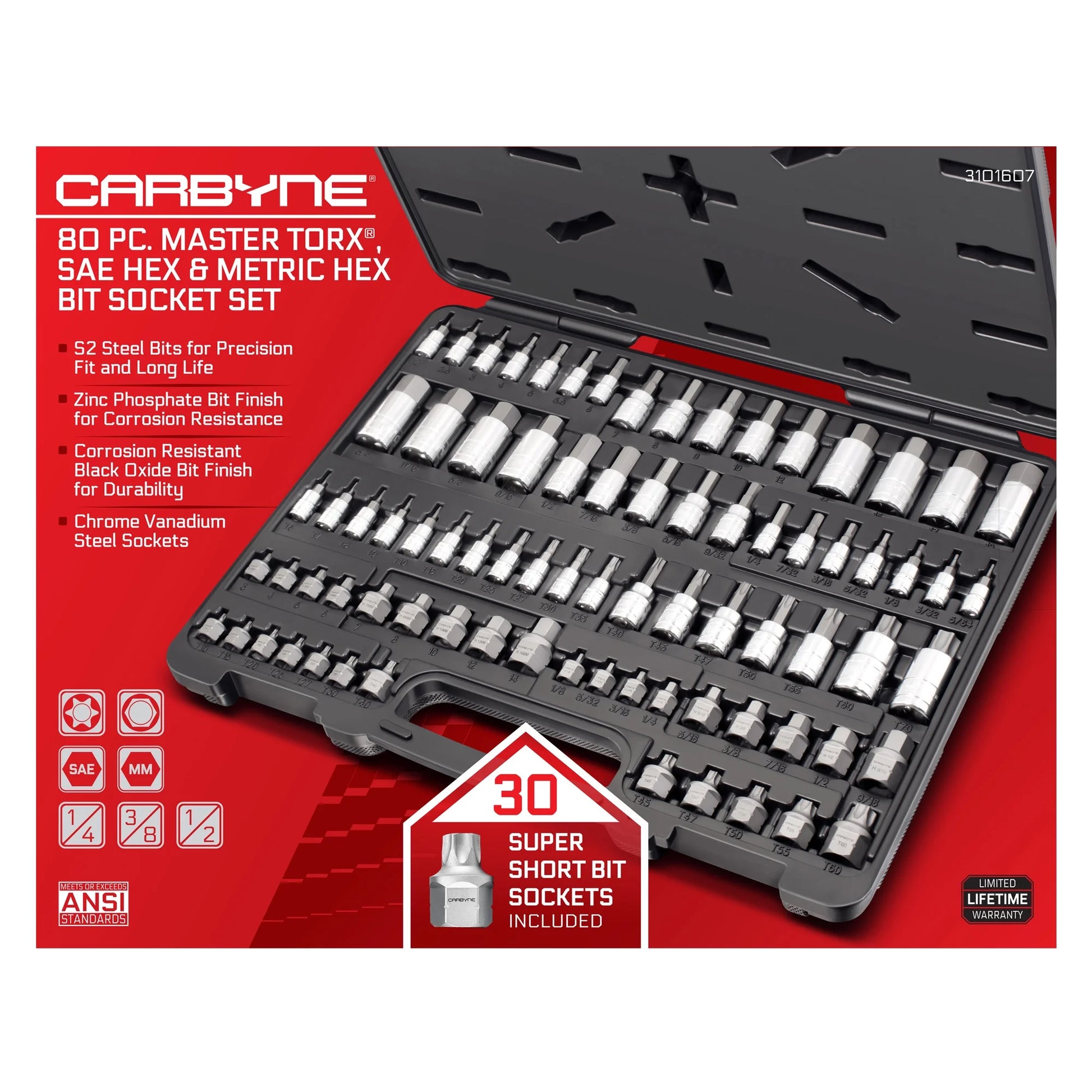 Carbyne 80-Piece Torx, SAE Hex (Allen) & Metric Hex (Allen) Bit Socket Set with 30 Super Short Bit Sockets, Cr-V Steel Sockets, S2 Steel Bits, Durable Storage Case