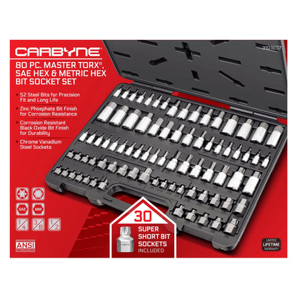Carbyne 80-Piece Torx, SAE Hex (Allen) & Metric Hex (Allen) Bit Socket Set with 30 Super Short Bit Sockets, Cr-V Steel Sockets, S2 Steel Bits, Durable Storage Case