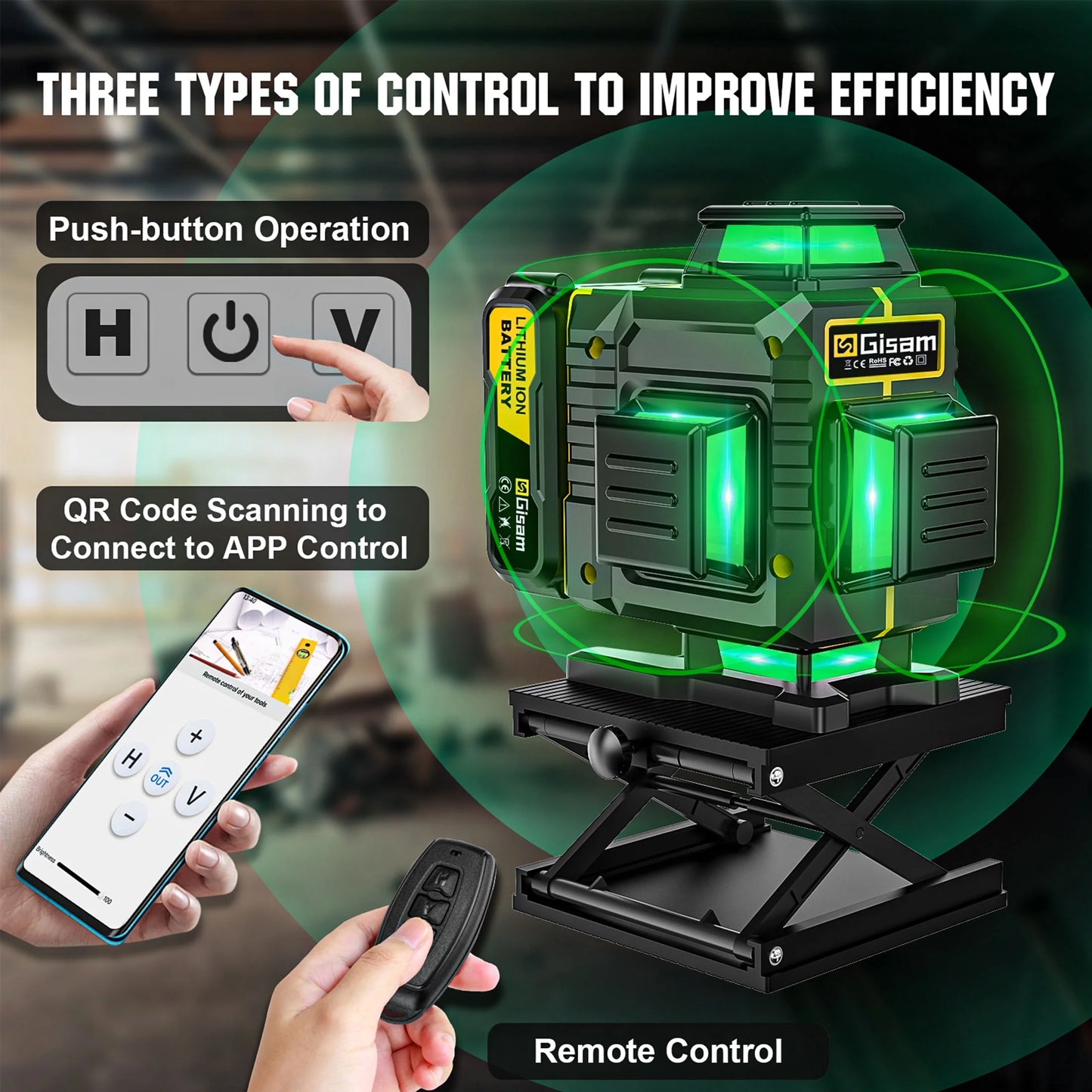 Gisam Laser Level with Tripod , 4x360? Self-Leveling Green Cross Line 4D Laser Tool with Remote Control & 2* 4800mAh Battery