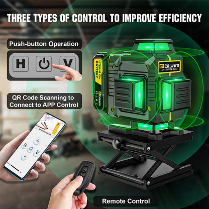 Gisam Laser Level with Tripod , 4x360? Self-Leveling Green Cross Line 4D Laser Tool with Remote Control & 2* 4800mAh Battery