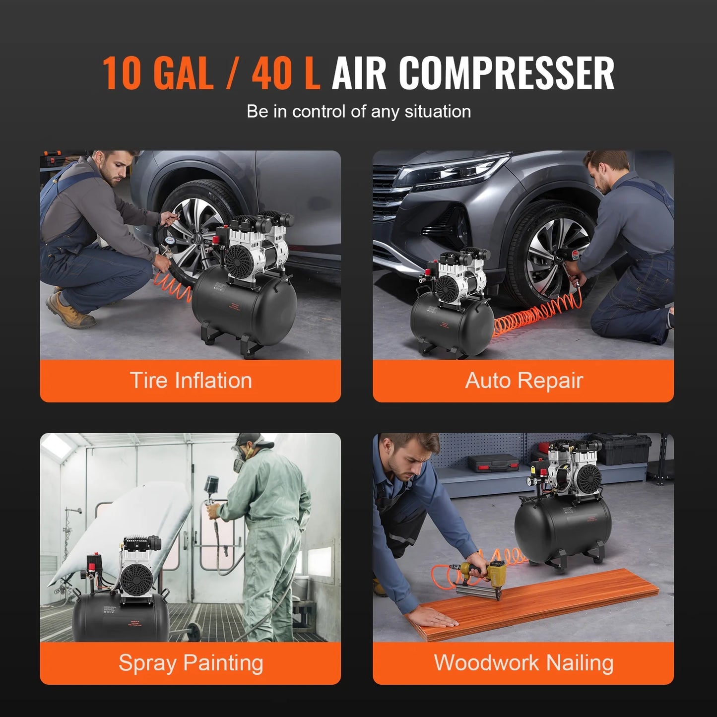 KFFKFF Air Compressor, 10 Gallon Steel Tank, 2HP 5.3 CFM@90 PSI, Oil-Free, Max 125PSI, 78dB Quiet Portable Compressor for Auto Repair, Tire Inflation, Spray Painting