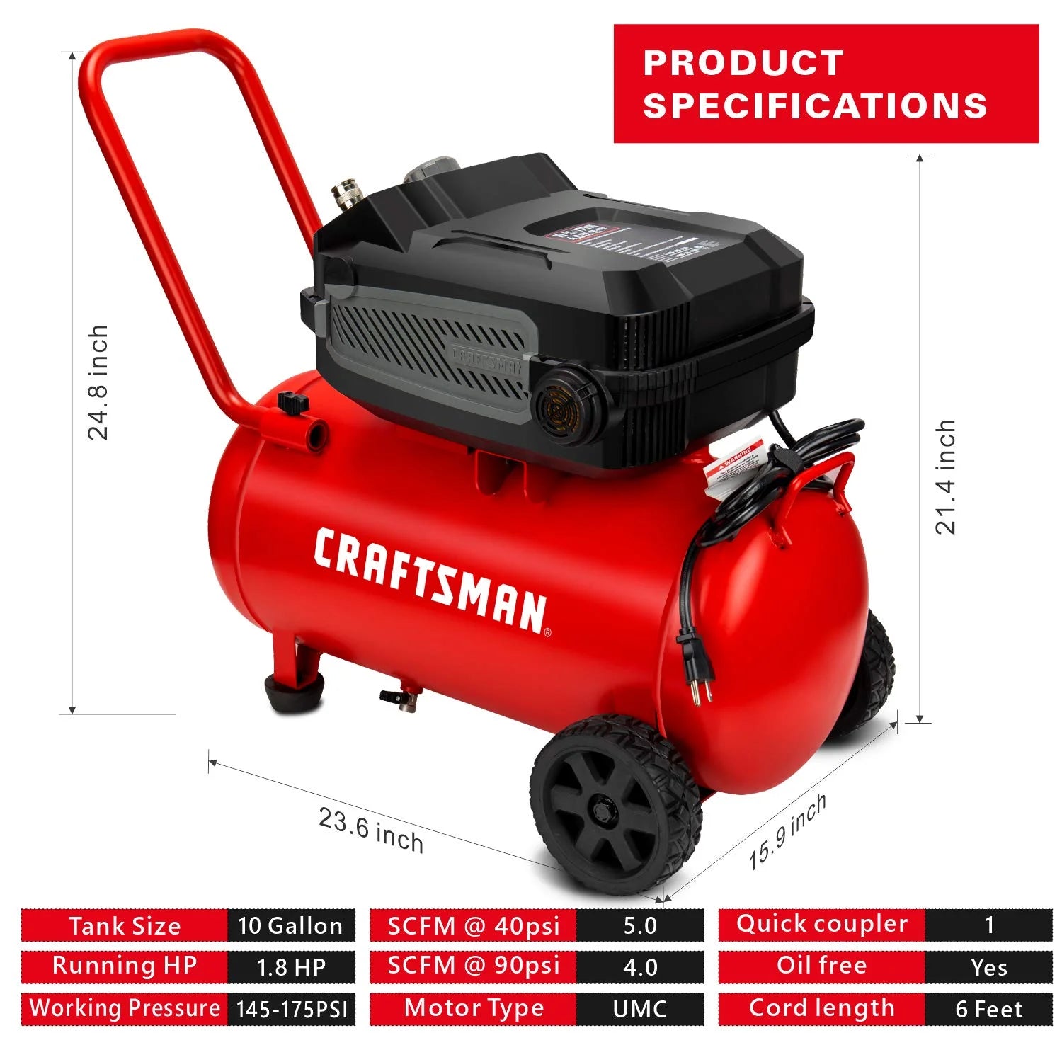 Crafstman CMXECXA0201041 Red 1.8 HP 175 PSI 90 PSI Portable Air Compressor 10 gal