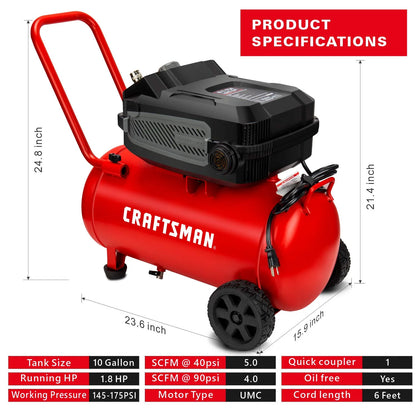 Crafstman CMXECXA0201041 Red 1.8 HP 175 PSI 90 PSI Portable Air Compressor 10 gal