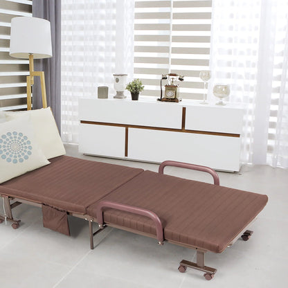 Giantex Folding Guest Bed, Single Bed with with Mattress and Heavy Duty Metal Frame, Adjustable Folding Sleeper Bed with Storage Bag, Portable Sleeper Bed with Wheels for Home, Office, Outdoor (Brown)