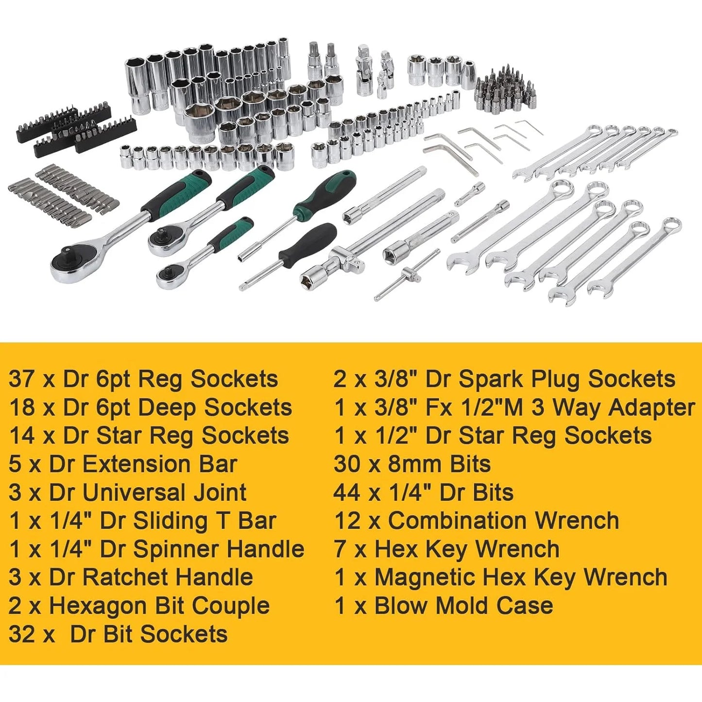 AOILE 216-Piece SAE & Metric Mechanics Tool Set with Socket Wrench Kit in Storage Case