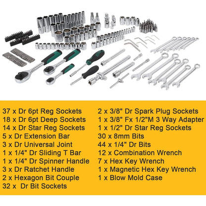 AOILE 216-Piece SAE & Metric Mechanics Tool Set with Socket Wrench Kit in Storage Case
