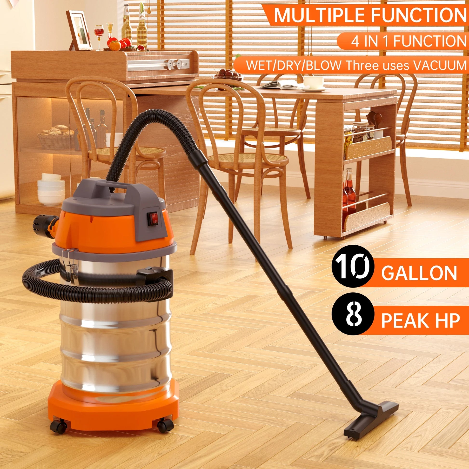 TOPTENG Wet Dry Vacuum Cleaner, 10 Gallon 3200w 8 Peak Stainless Steel Shop Vacuum Wet and Dry, with Filter and Attachments for House Garage Workshop Car