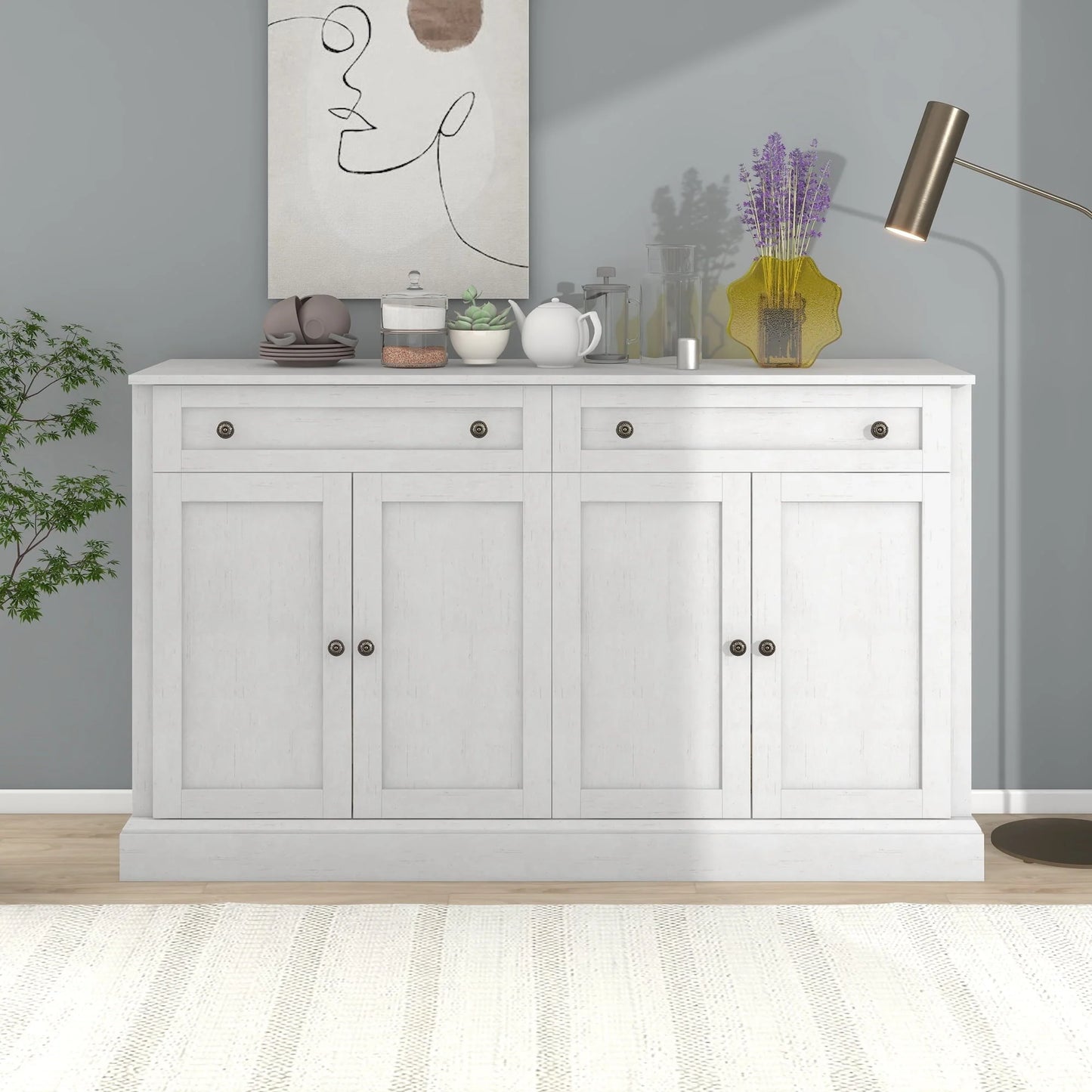 KEHOMY Kitchen Sideboard Storage Buffet Cabinet, with 2 Drawers and 4 Doors Adjustable Shelves for Dining Room, Living Room, Antique White