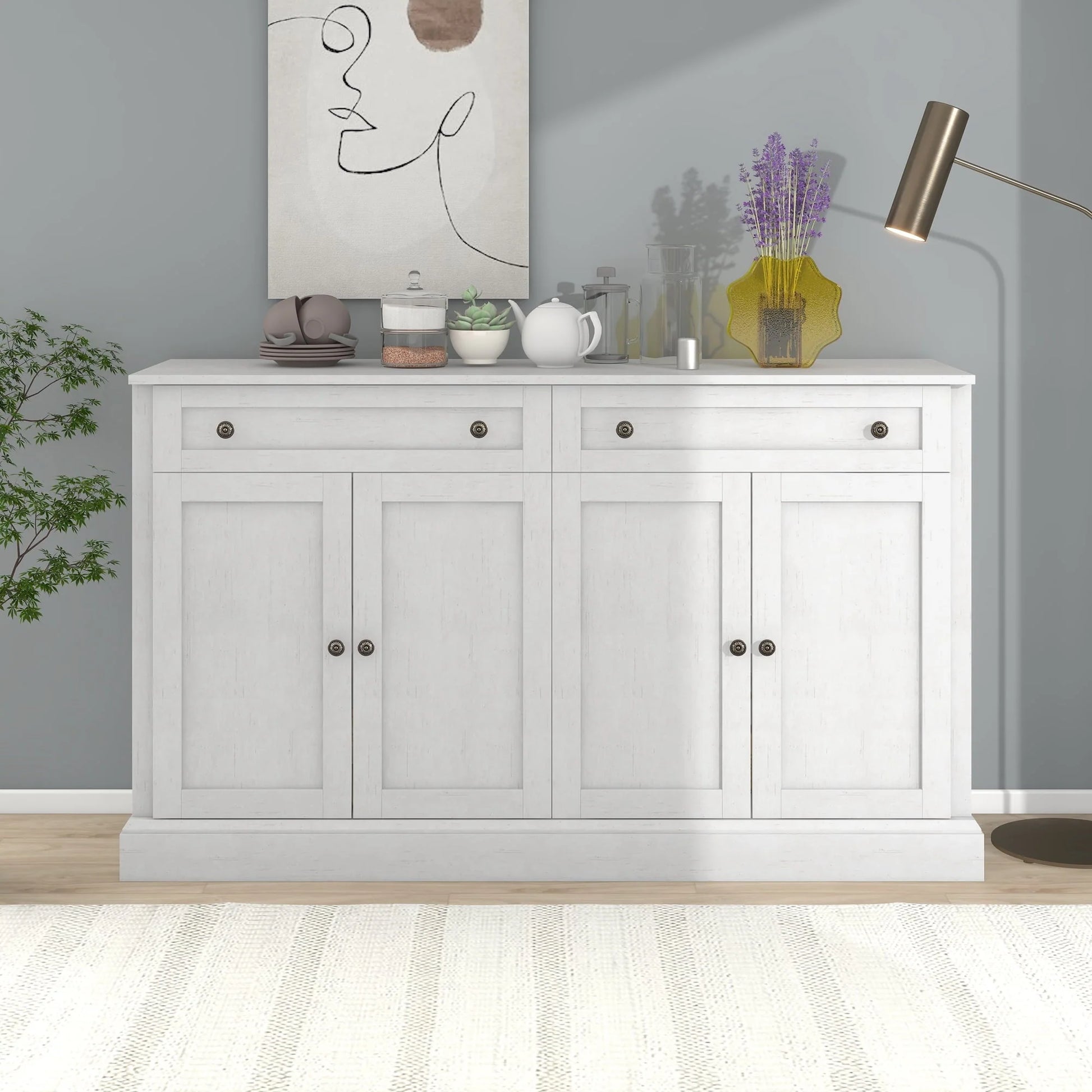 KEHOMY Kitchen Sideboard Storage Buffet Cabinet, with 2 Drawers and 4 Doors Adjustable Shelves for Dining Room, Living Room, Antique White