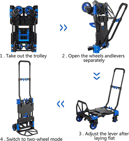 SHZOND 2 in 1 Folding Hand Truck 330 lbs Load Capacity Dolly Cart,Heavy Duty Aluminum Hand Truck with 4 Wheels