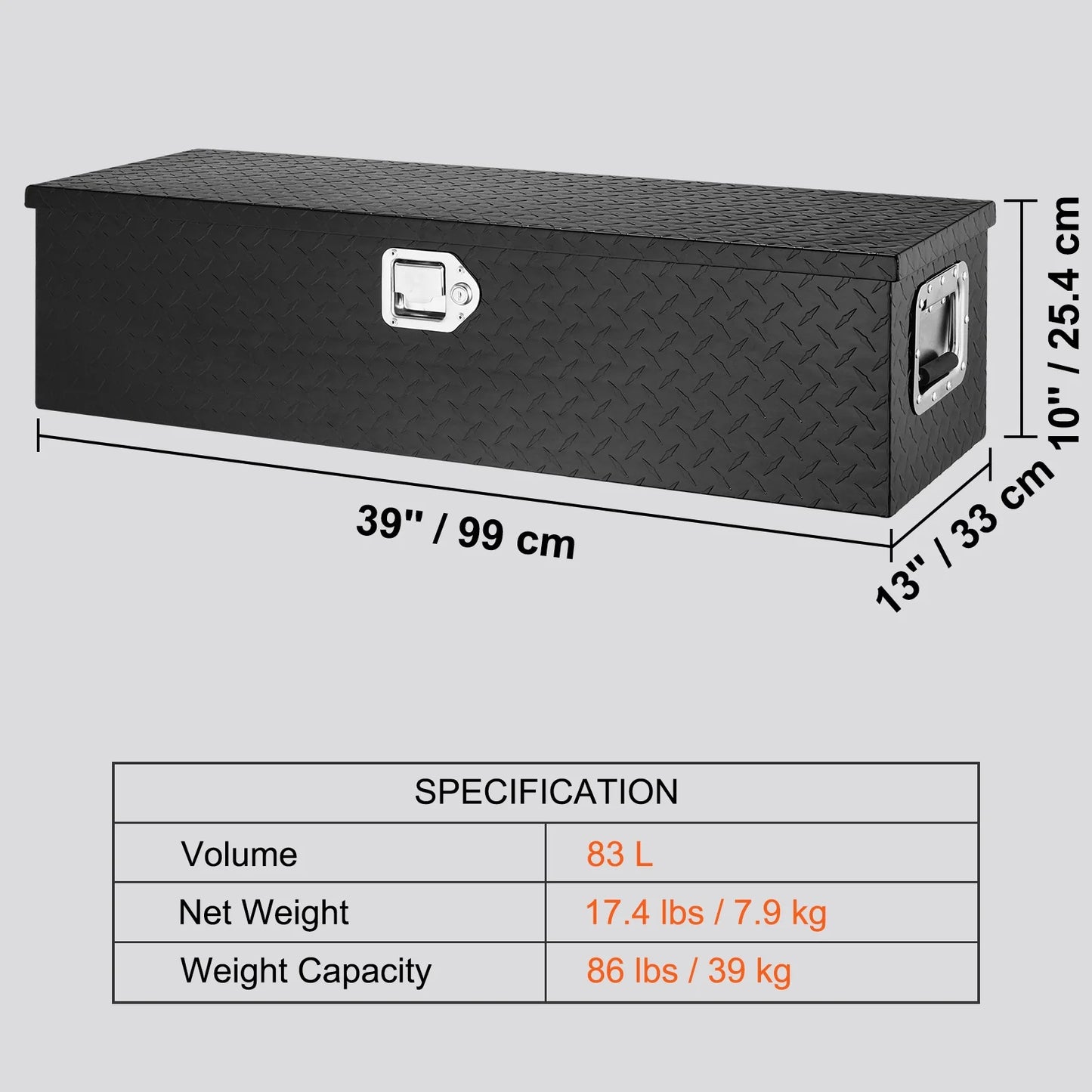 VEVOR Heavy Duty Aluminum Truck Bed Tool Box, Diamond Plate Tool Box with Side Handle and Lock Keys,Storage Tool Box Chest Box Organizer for Pickup,Truck Bed, RV, Trailer,39"x13"x10",Black