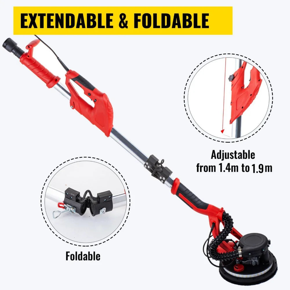 VEVOR Electric Drywall Sander 850W Variable Speed 800-1750 RPM Foldable Sheetrock Sander with Telescope Handle LED Strip Light Vacuum Bag Wall Sander for Professional Use