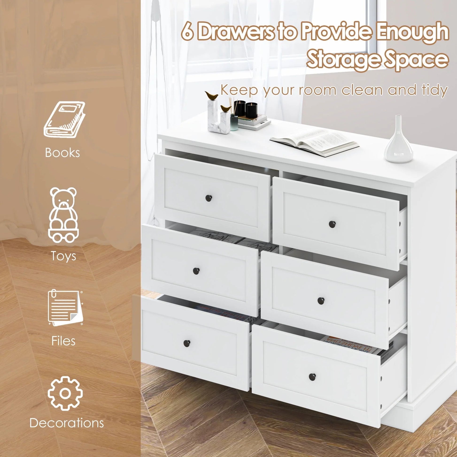 Homfa 6 Drawer Double Dresser White, Wood Storage Cabinet for Living Room, Chest of Drawers for Bedroom
