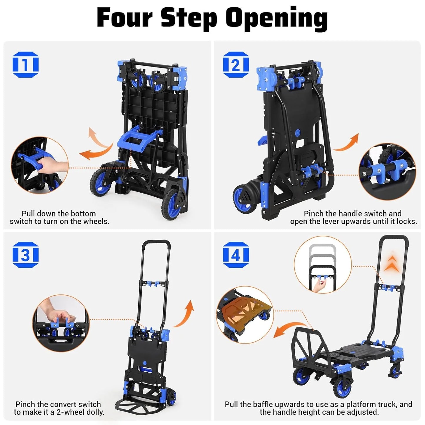 Garvee Folding Hand Truck Dolly with Basket, 2-in-1 Heavy Duty Dolly Cart with Wheels, 330LBS Capacity Convertible Handcart with Retractable Handle for Moving, Blue+Black