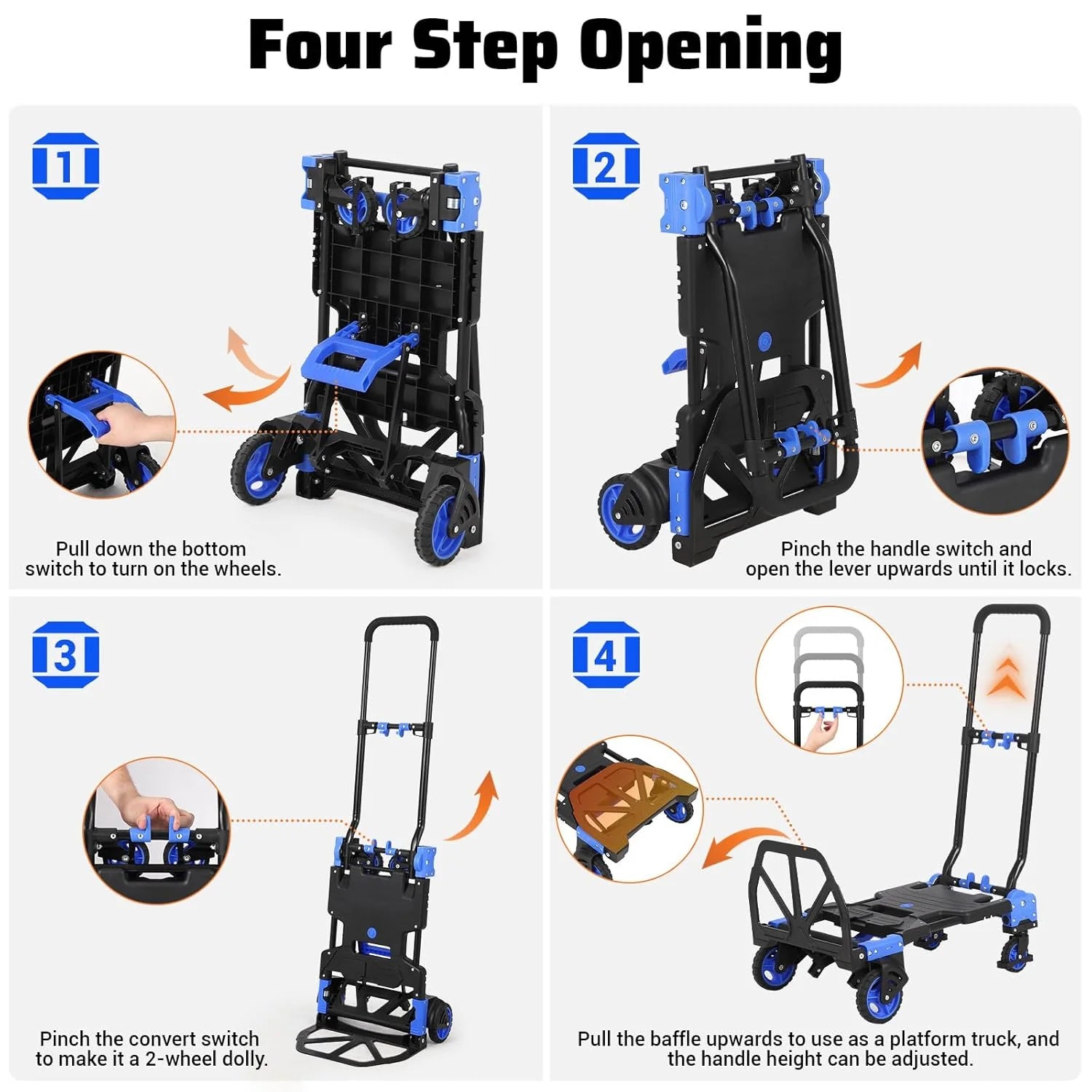Garvee Folding Hand Truck Dolly with Basket, 2-in-1 Heavy Duty Dolly Cart with Wheels, 330LBS Capacity Convertible Handcart with Retractable Handle for Moving, Blue+Black
