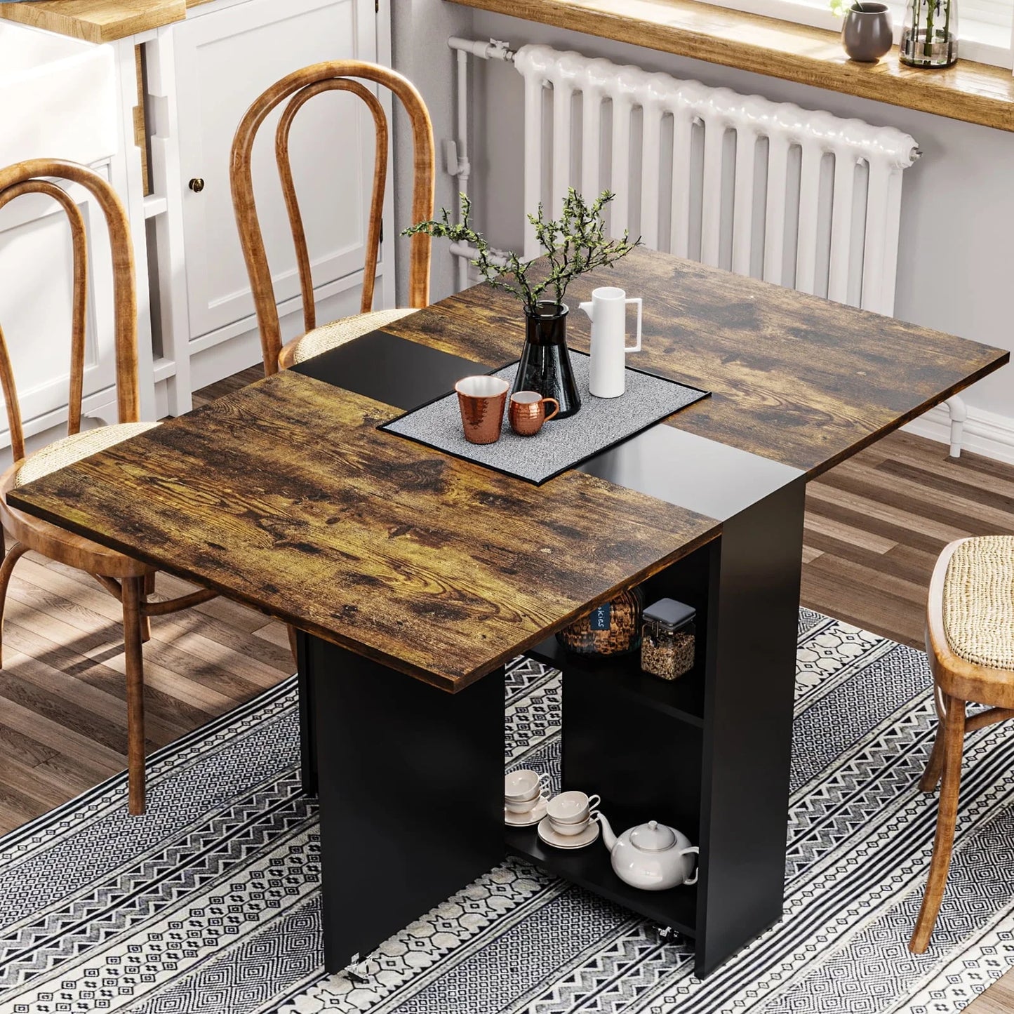 Folding Dining Table with 2 Storage Racks, Multifunction Expandable Table with 6 Wheels,Drop Leaf Table for Kitchen Bedroom Living Room, White