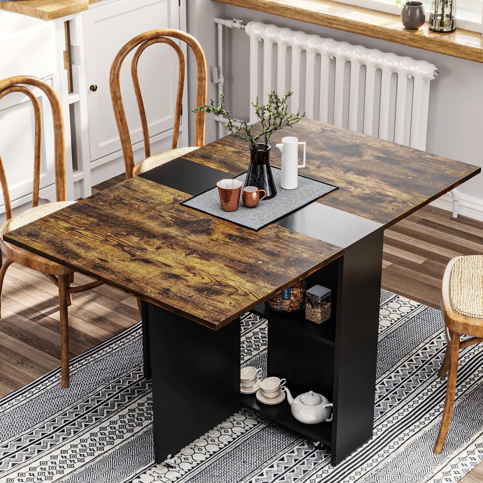 Folding Dining Table with 2 Storage Racks, Multifunction Expandable Table with 6 Wheels,Drop Leaf Table for Kitchen Bedroom Living Room, White