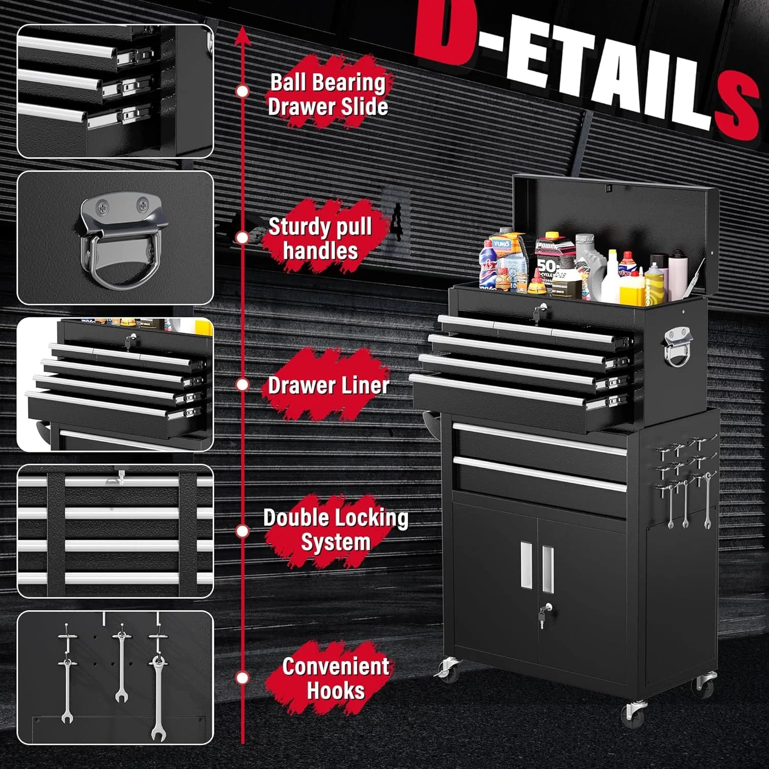 SUNCROWN 2-IN-1 Tool Chest, 8-Drawer Rolling Tool Chest with Hooks and Lockable Wheels,Metal Storage Detachable Top Tool Box with Lockable Wheels for Garage, Workshop, Art Studio(Black)