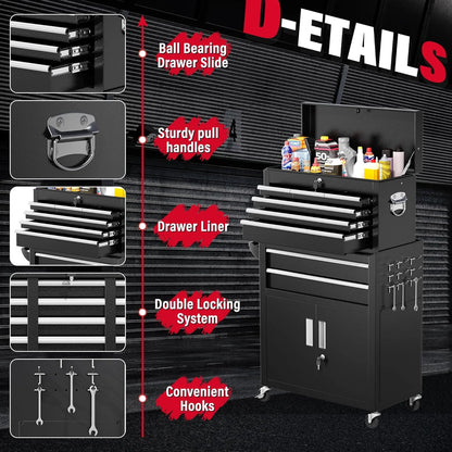 SUNCROWN 2-IN-1 Tool Chest, 8-Drawer Rolling Tool Chest with Hooks and Lockable Wheels,Metal Storage Detachable Top Tool Box with Lockable Wheels for Garage, Workshop, Art Studio(Black)