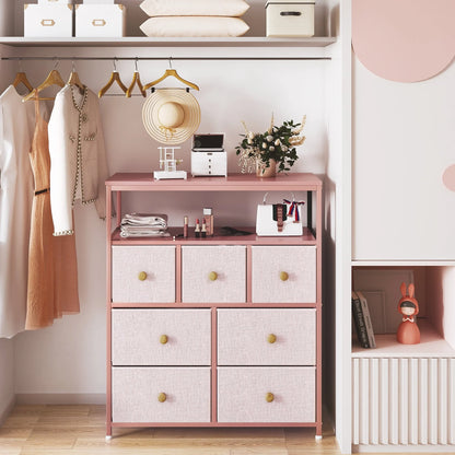 EnHomee Dressers for Bedroom with 7 Drawers Pink Dresser Fabric Chest of Drawers with Shelves Portable Storage Tower Small Dresser for Living Room Nursery Guest Room