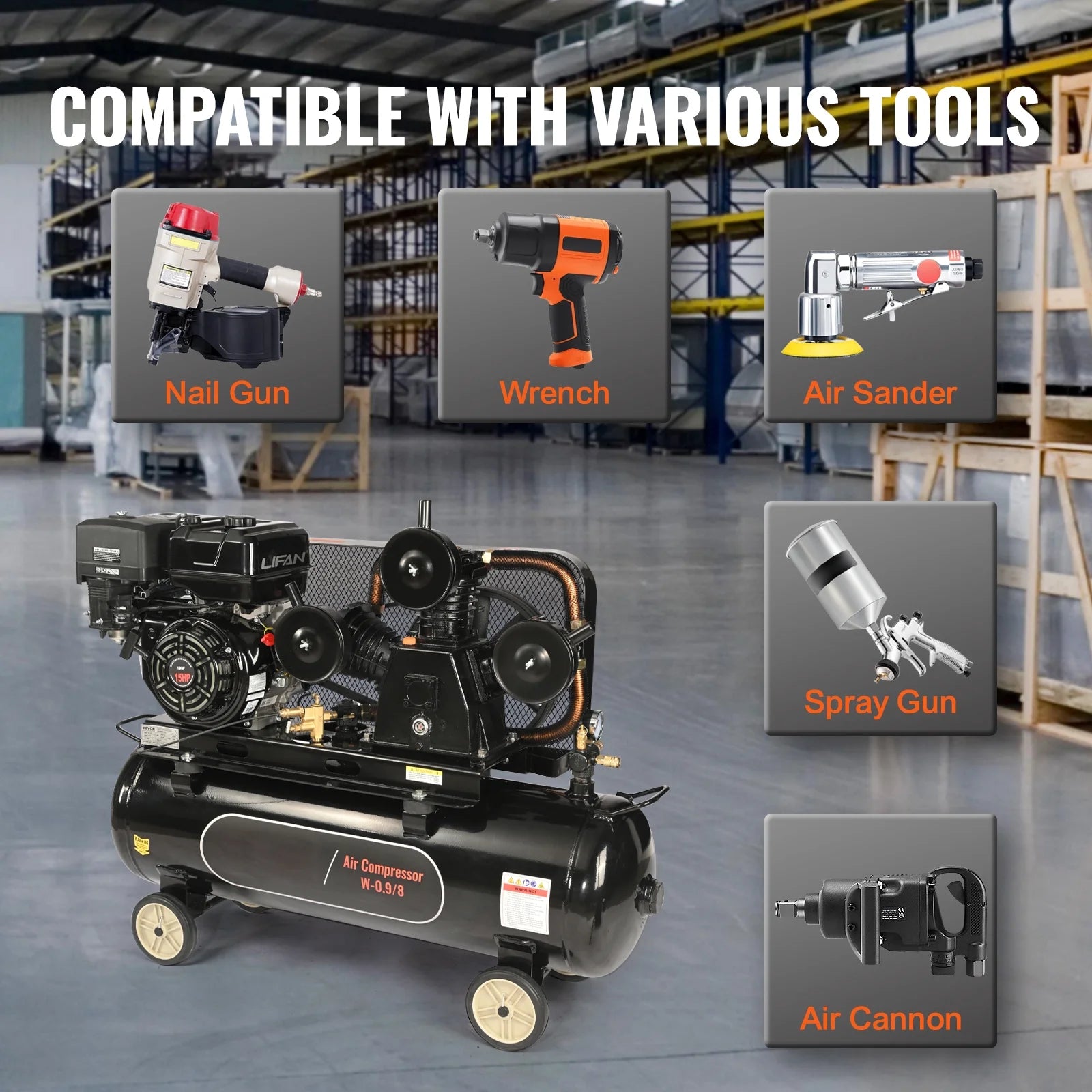 KFFKFF 15HP Gas-Fueled Air Compressor, 30 Gallon Horizontal Compressor Tank, 33CFM@115PSI Gas Propelled Piston Pump Compressed Air System with 115PSI Maximum Pressure for Building Sites Workshop