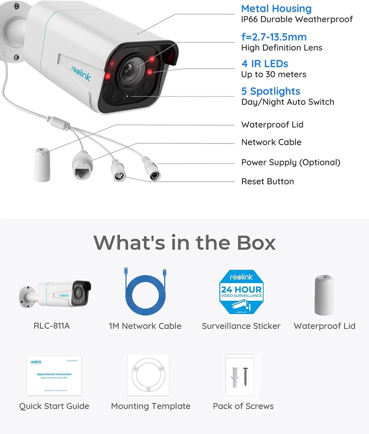 Reolink RLC-811A Zoom 8 Megapixels Outdoor Security PoE IP Camera with Vehicle Detection