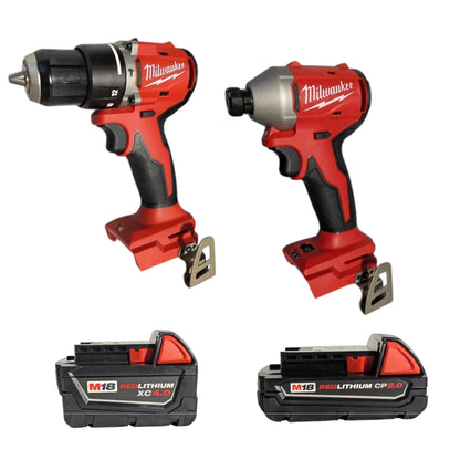 Milwaukee 3693-22CX M18 Compact Brushless 2-Tool Combo Kit - 1/2" Hammer Drill & 1/4" Impact Driver with (2) Batteries, Charger & Bag - Ideal for Drilling, Fastening, and Wordworking Applications