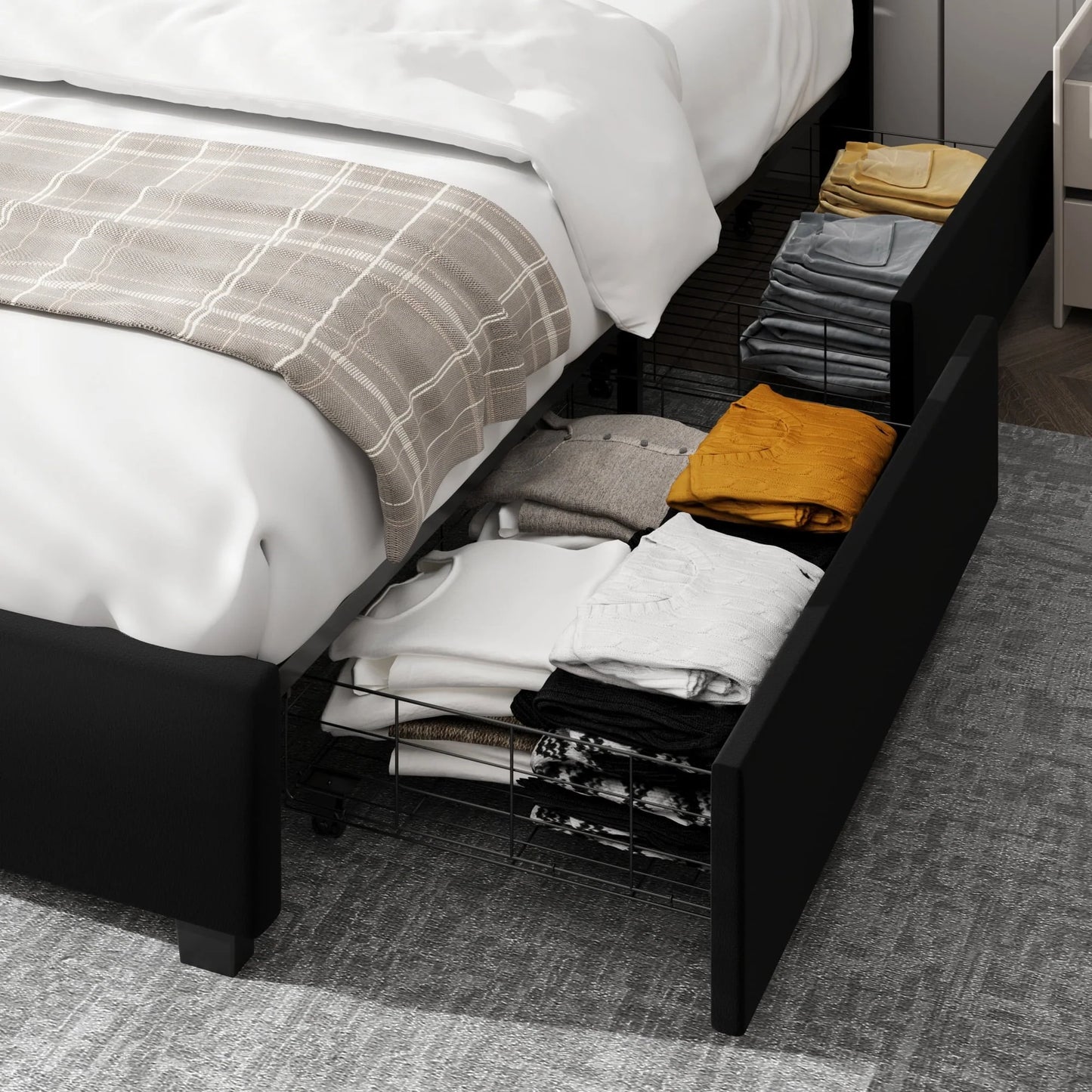Homfa Queen Size Storage Bed with 4 Drawers, Crystal Buckle Upholstered Platform Bed Frame with Adjustable Headboard for Bedroom, Black
