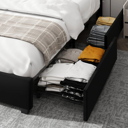 Homfa Queen Size Storage Bed with 4 Drawers, Crystal Buckle Upholstered Platform Bed Frame with Adjustable Headboard for Bedroom, Black