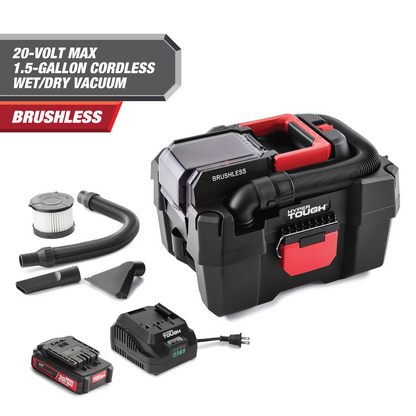 Hyper Tough 1.5 Gallon Wet Dry Vac, 20V Max, Brushless Motor, Cordless, Battery and Charger Included