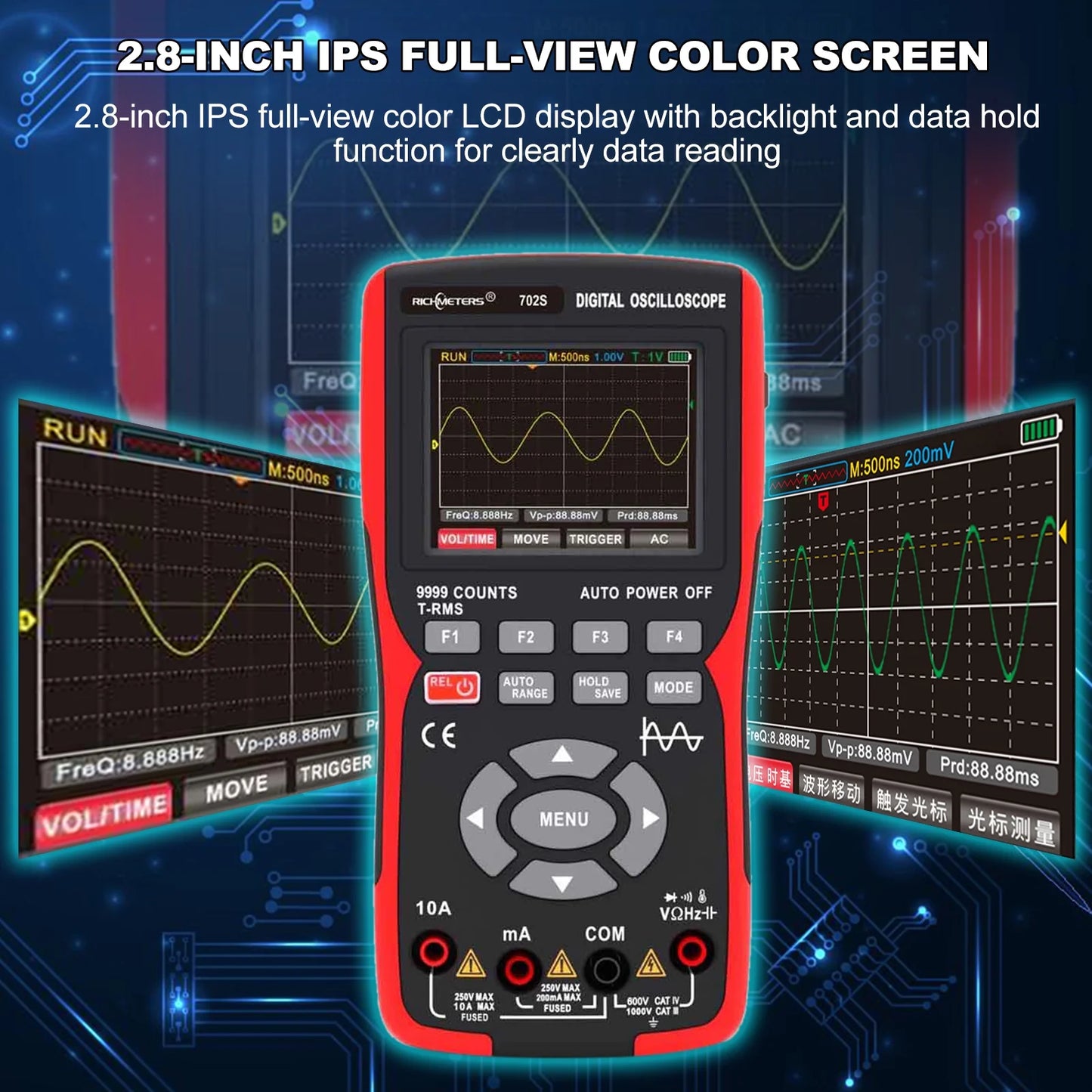 Oscilloscope Multimeter Handheld LCD Digital Multimeter & Oscillometer 2-in-1 Universal Meter Scope Meter 9999 Counts 10MHz 48MSa/s Single Channel Measuring AC/DC Voltage & Current Resistance