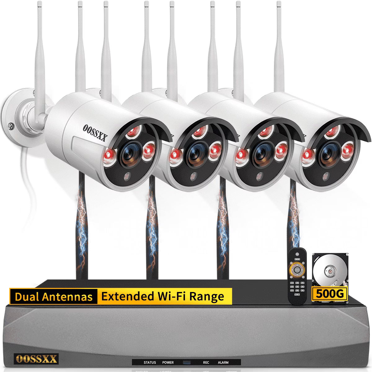 OOSSXX Dual Antennas Wireless Security Camera System, 4 Wireless Cameras for Outdoors with 2TB Hard Drive with AI Human Detected