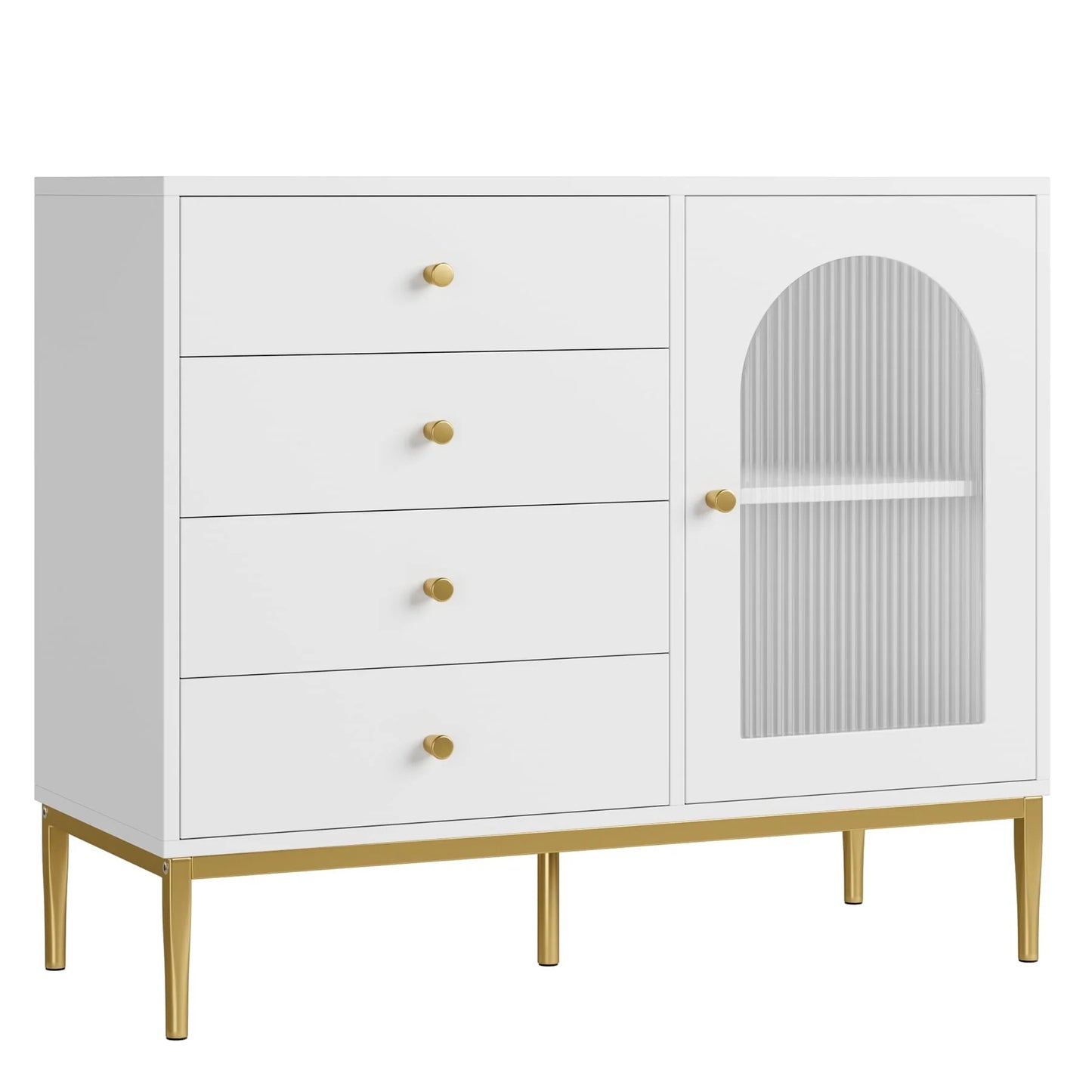 Homfa 4 Drawer Storage Cabinet, Modern Wooden Cupboard with Frosted Glass for Living Room, White Finish