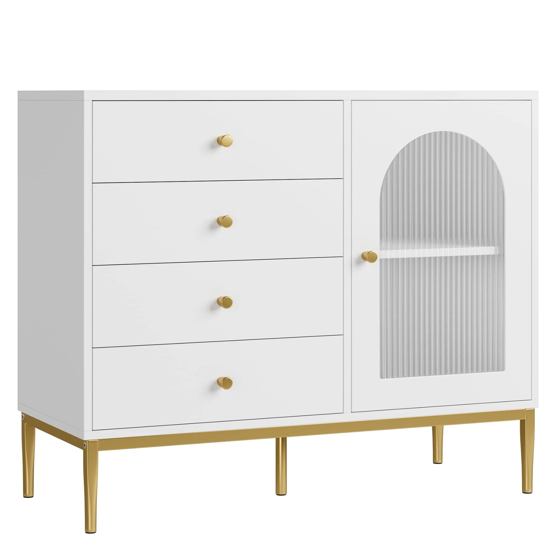 Homfa 4 Drawer Storage Cabinet, Modern Wooden Cupboard with Frosted Glass for Living Room, White Finish